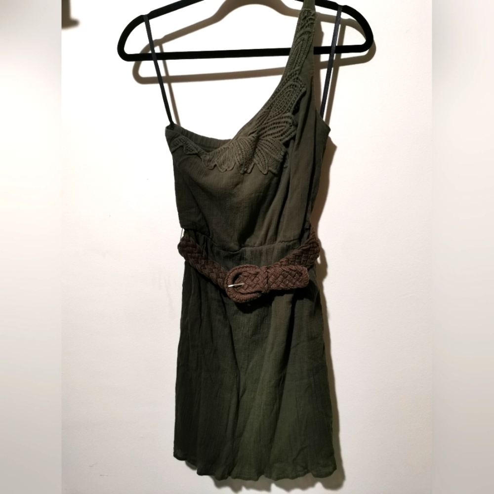 City Triangles Army Green Crepe One Shoulder Embroidered Mini Dress